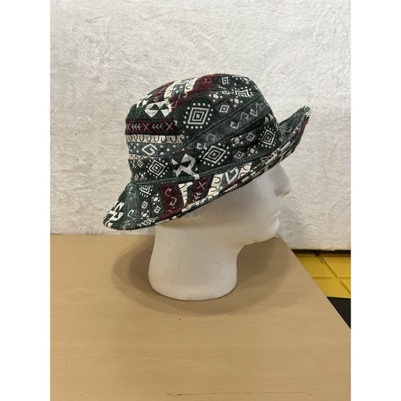 Vintage Boho Tribal Bucket Hat Green Burgundy Thailand Cotton Lined - Picture 3 of 6